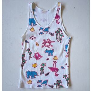 Vtg 80's Tropical Memphis Art Patterned Tank Top Ribbed Cotton New Wave Size S/M